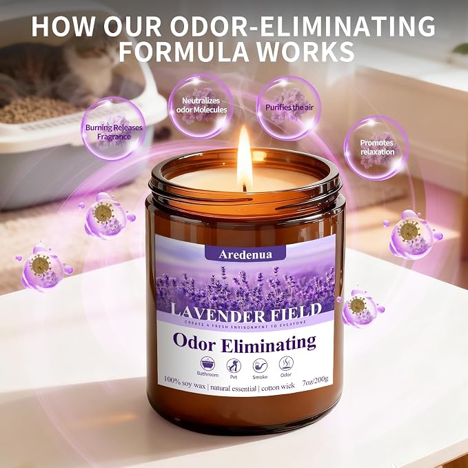 Lavender Odor Eliminating Candles | Eliminates 95% of Pet, Smoke, Food, and Other Smells – 7oz Soy Candle for Home Scented - Aromatherapy Stress Relief Scented Candles - Relaxing Gifts for Calm