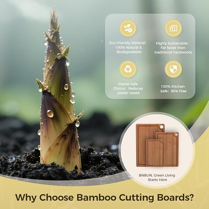 Bamboo Cutting Board for Kitchen – 3-Piece Wooden Boards with Juice Grooves, Side Handles, Non-Slip Mats – Perfect for Meat, Veggies, Fruit – Ideal Kitchen Gift