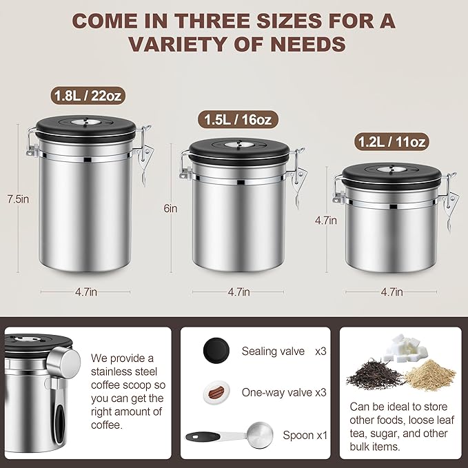 ShanSon Coffee Canister Airtight Coffee Container Stainless Steel Coffee Bean Storage Container with Scoop Coffee Canister for Beans Grounds Sugar Flour Tea Cereal,22OZ,Silver