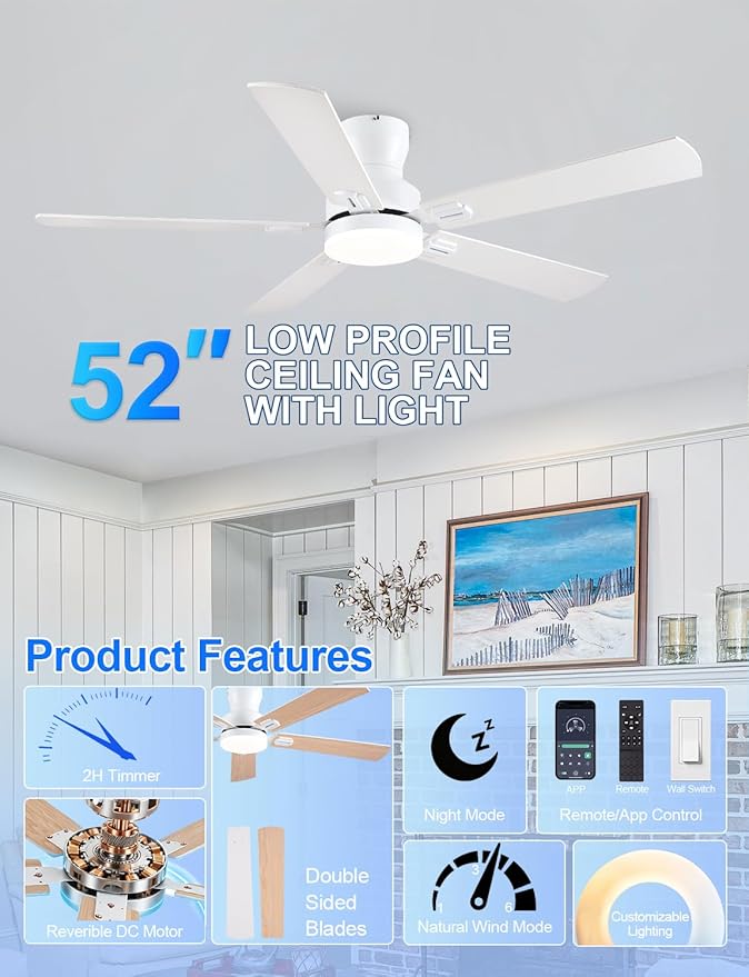 Ceiling Fans with Lights, 52 inch Low Profile Ceiling Fan with Light and Remote/APP Control, Modern Flush Mount Ceiling Fan for Indoor Bedroom Living Room, Dimmable, Qiuet DC Motor, White