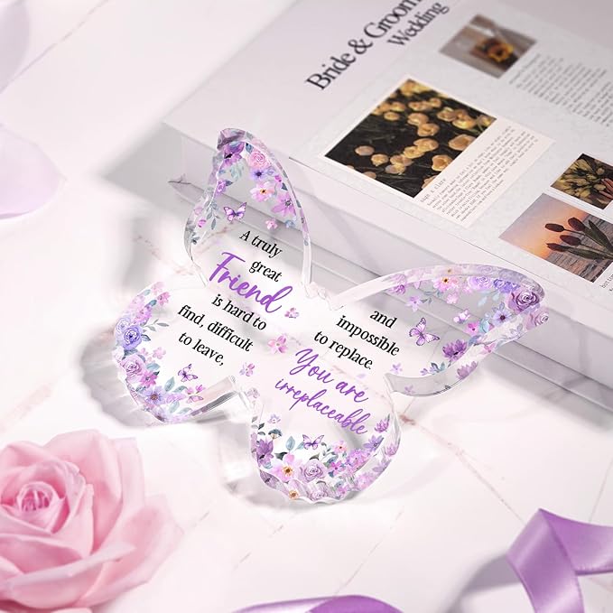Friend Friendship Gifts for Women, Purple Butterfly Acrylic Plaque Desk Decor, Gifts for Friends Women Unique, Bestie Best Friendship Female Present, 5 x 3.8 x 0.5 inches
