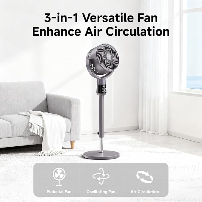 Oscillating Pedestal Fan, Ultra-Quiet 25dB Standing Fan with 8 Speeds, 12H Timer, 36-45'' Adjustable Height Air Circulator for Whole Room, Living Room, Office and Bedroom, Remote Control