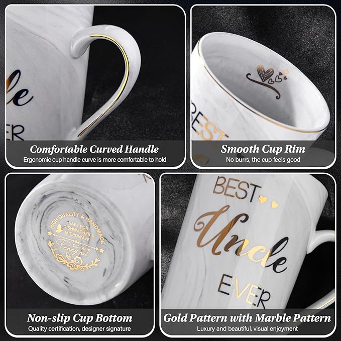 Best Uncle Birthday Gifts from Nephew Niece, Uncles Valentines Gift, Fathers Day Announcement Presents - 14oz Grey Marble Ceramic Gold Print Uncle Mug, with Lid, Spoon, Greeting Card, Nice Gift Boxed