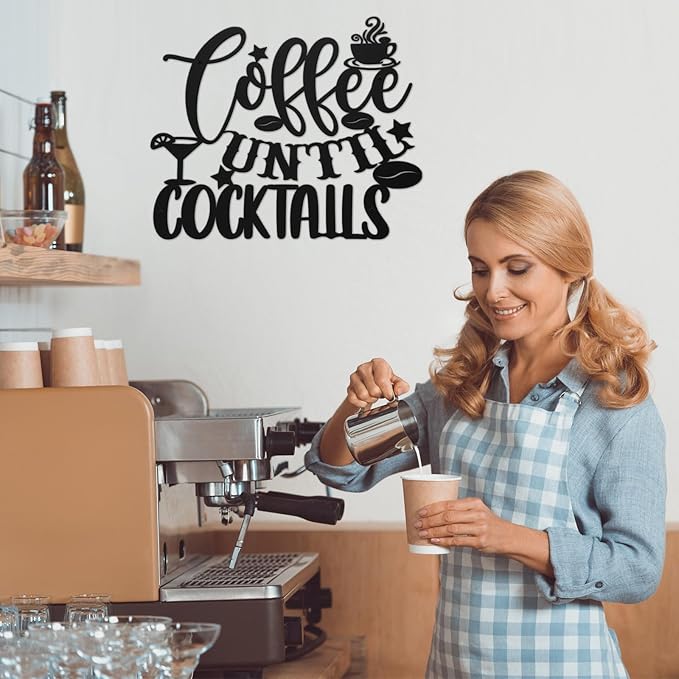 Ferraycle Coffee Bar Decor, 12 x 10.2 Inch Sign for Wall Metal Rustic Hanging Wall Art Vintage Black Cup Letter Sign for Cafe Home Office Kitchen(Coffee Until Cocktails)
