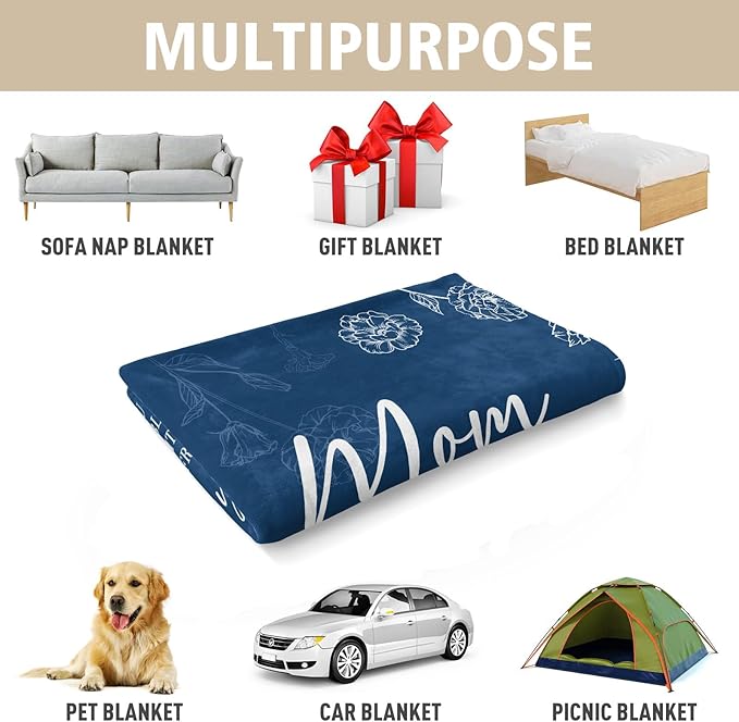 GiltGlimmer Gifts for Mom Mothers Day, Mom Birthday Gifts Blanket, Moms Gift for Women from Daughter Son, We Love You Present for Mother Mommy Christmas 80" x 60", Blue