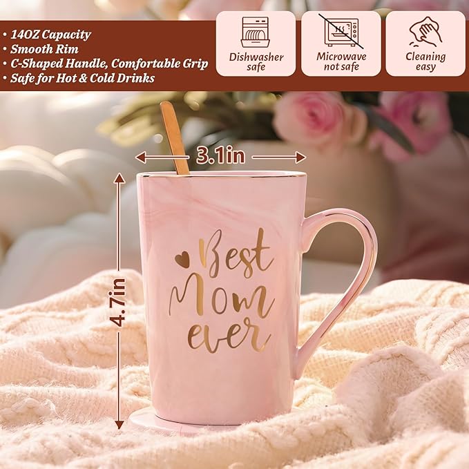 YHRJWN Mothers Day Gifts for Mom, Best Mom Ever Coffee Mug, Mom Mothers Day Gifts from Daughter Son, Moms Gift Idea for Birthday, Valentines Day, Present for Moms Mothers, 14 Oz Pink