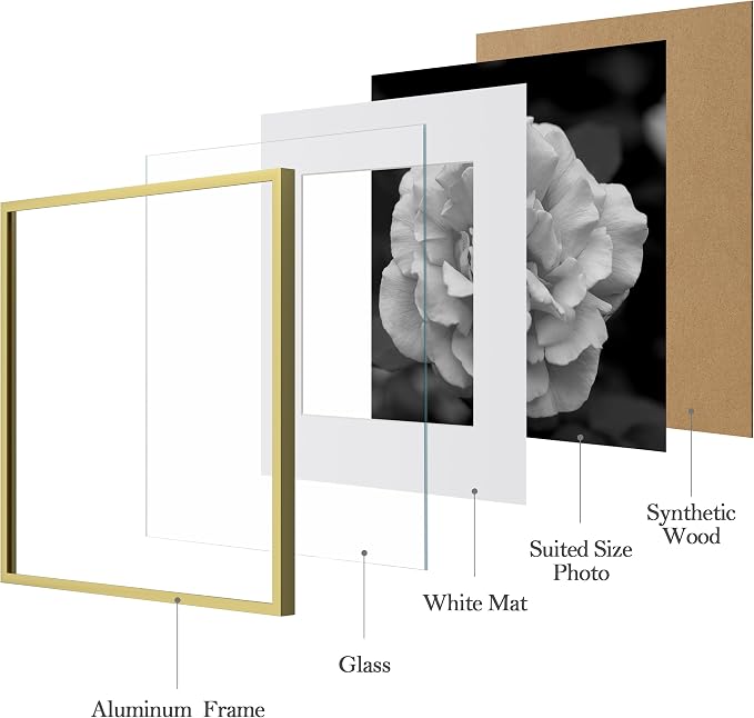 eletecpro Aluminum Gallery Wall Frame Set of 6 with Glass Cover, Gold | 12 x 12 Metal Photo Frames Display 8x8 Photo with Mat or 12x12 without Mat, Picture Frame Collage Wall Decor