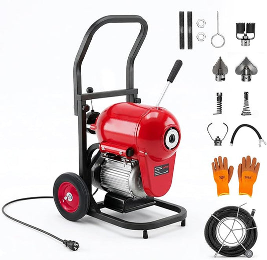 Garvee Electric Drain Cleaner Machine, 1100W Manual Feed Sewer Snake Auger, 120 ft x 6/5 in Cable, CW/CCW Control, 6 Cutter Set, for 4–8 in Pipes
