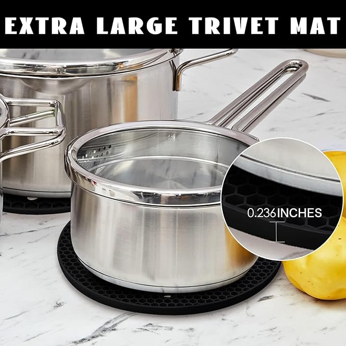 4 Pack Silicone Trivet Mats, 9 Inch Flexible Heat Resistant Silicone Hot Pads Pot Holders for Kitchen Counter, Round Trivets for Hot Dishes - Potholders Jar Opener(Black)