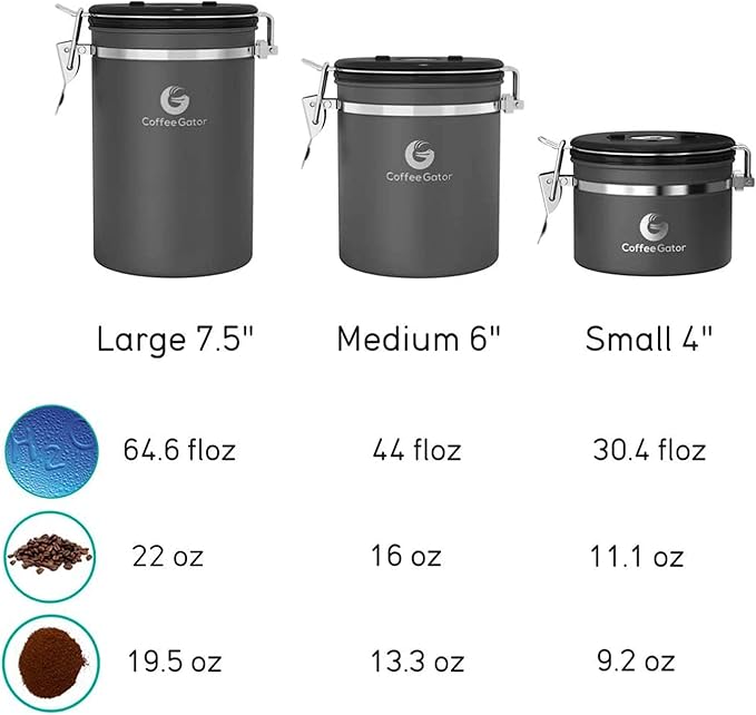 Coffee Gator Coffee Canister, 2pack 16oz Airtight Stainless Steel Kitchen Food Storage Container with Date Tracker, Scoop for Grounds Coffee Bar Accessories, Beans, Tea, Sugar, Flour - Gray&Silver
