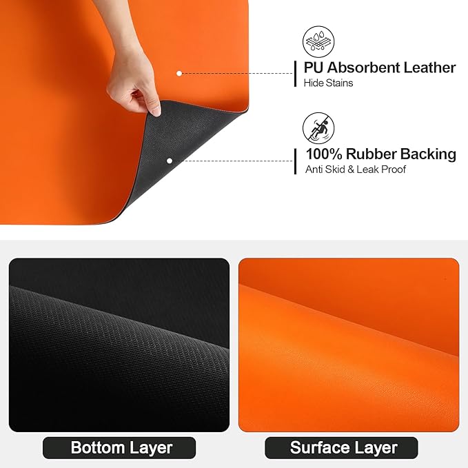 Ecotrim Absorbent Coffee Mat , Stain Hiding PU Leather Surface, Non-Slip Natural Rubber Backing, Quick Dry Mat for Espresso Machine, Kitchen Counter ,Orange | 16" x 24"