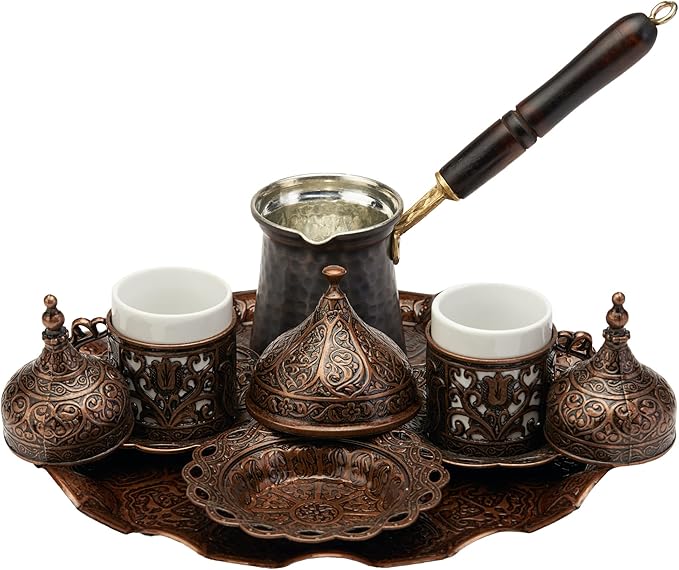 DEMMEX Turkish Greek Arabic Coffee Making and Serving Full Set with Cups Saucers Lids Sugar Bowl Tray and Copper Coffee Pot, Hand Decorated with Gold Crystals, 12 Pcs