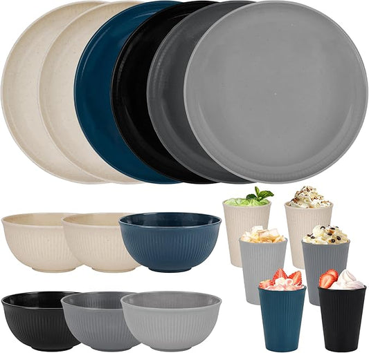Unbreakable Dinnerware Sets for 6 People,18pcs Camping Plates and Bowls Set, Reusable Picnic Set plastic Plates, Cups, Bowls for Children, Adult, Party, Home