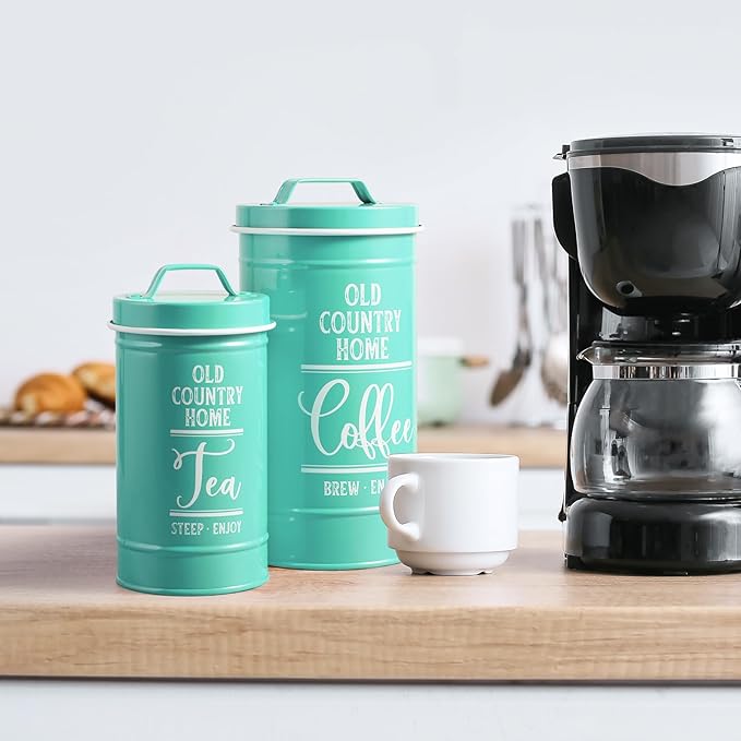 DAYYET Teal Canisters for Kitchen Counter, Airtight Kitchen Canisters for Countertop, Flour and Sugar Containers, Tea Coffee Sugar Canister Set, Turquoise Kitchen Decor and Accessories, Set of 4