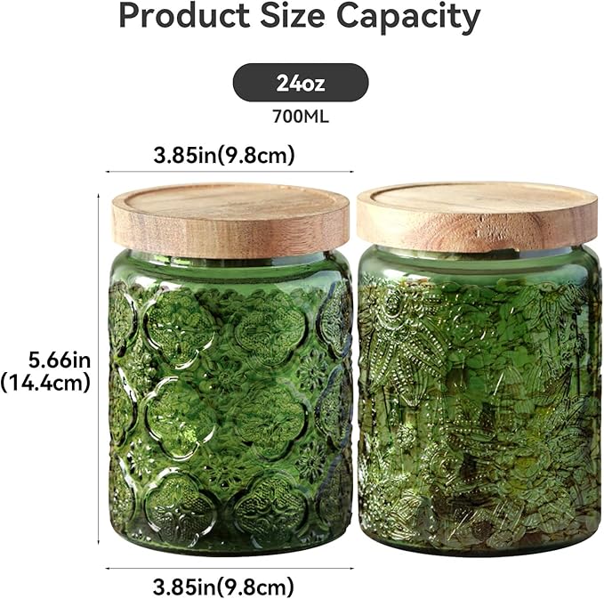Glass Jar with Lid, Vintage Glass Storage Jars with Airtight Lid Coffee Canister Sugar Container for Kitchen Counter Pantry, Flour, Candy, Tea, Coffee Beans, Oats (Sunflower Green*2)