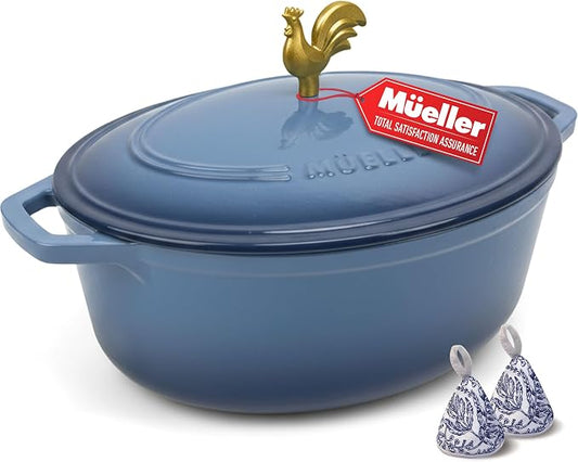 MUELLER HOME 5.5 Quart Enameled Cast Iron Oval Dutch Oven w Rooster Knob & Cotton Potholders, Heavy-Duty Cookware, Oven-Safe up to 500° F & Across All Cooktops, Gifts for Grandma & Women, Mineral Blue | w Rooster Knob & Cotton Potholders, Heavy-Duty Co...