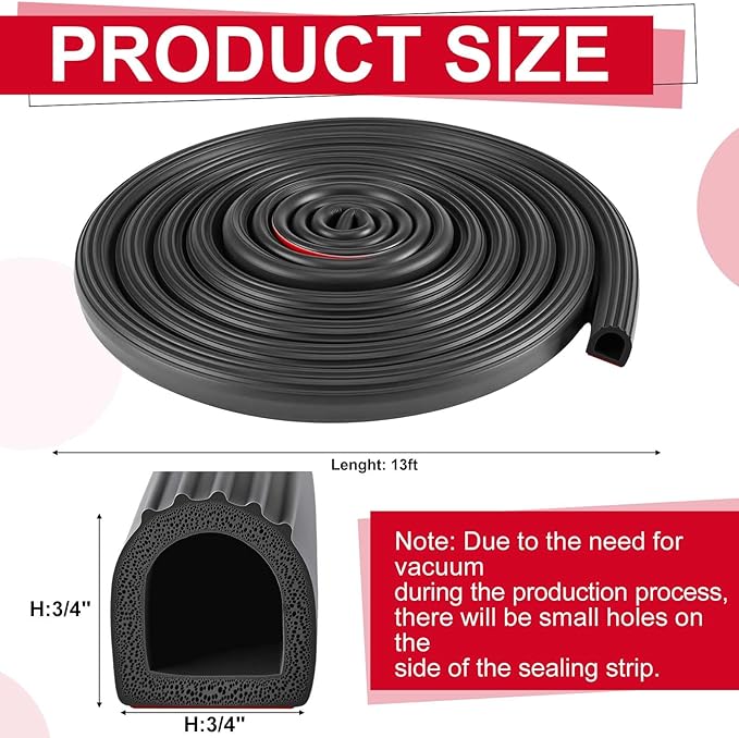 Pangda 13Ft D Shape Rubber Weather Stripping Foam Self-Adhesive EPDM Seal Strip for Noise Reduction Waterproof Dustproof for Cars Boats RVs Windows Doors (3/4" W x 3/4" H)