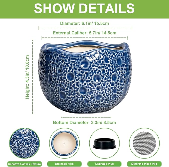 Orchid Pot - 6 Inch Ceramic Plant Pot for Indoor Outdoor, Round Unique Planters with Drainage Hole, Modern Round Decorative Flower Pots, Home Decor, Gifts for Plant Lovers, Blue