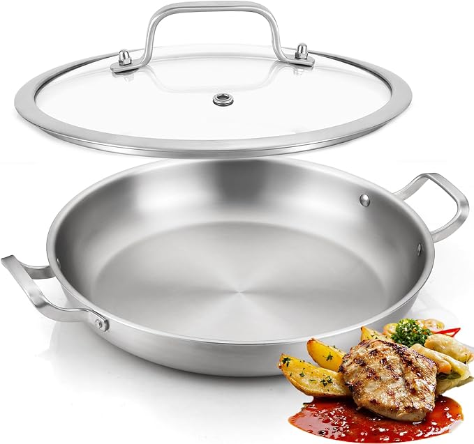 DELARLO 10 Inch Tri-Ply Stainless Steel Paella Pan with Lid, Large Induction Skillet & Jumbo Frying Pan, Heavy Duty Cookware for Paella Parties, Indoor & Outdoor Use