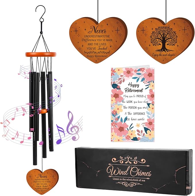 Retirement Gifts Wind Chimes for Women Men - Engraved Wooden Heart with Gift Box & Card, Happy Retirement Outdoor Garden Patio Hanging Decor, Farewell Gift for Coworker Teacher Bossr