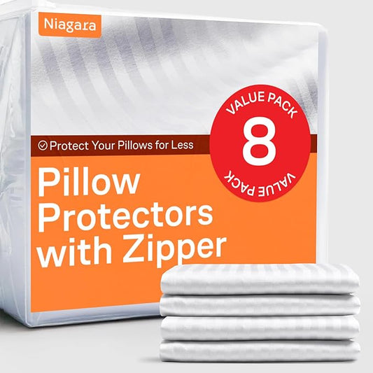 Ultra Soft Pillow Protectors with Zipper King Size - Set of 8 Breathable Pillow Covers - 100% Protection Against Stains, Dust & Dirt - Machine Washable (Dark White)