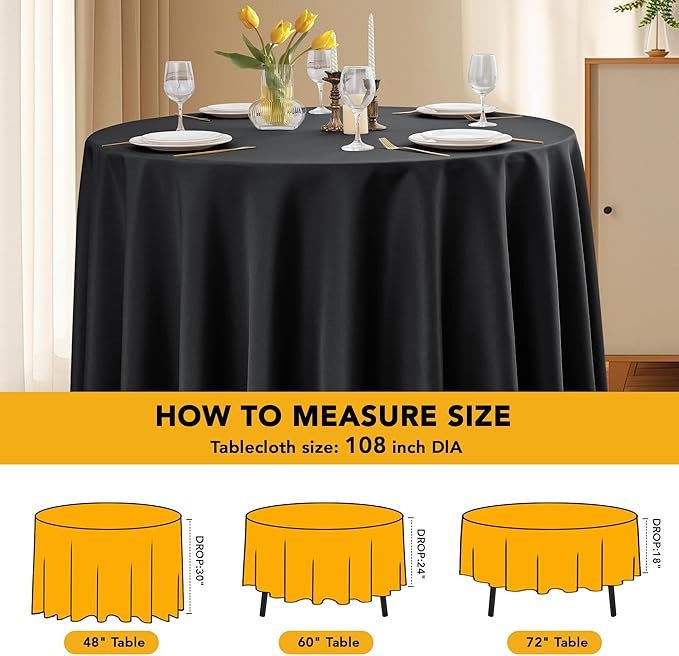 6-Pack Black Round Tablecloths, 108 Inches, Stain-Resistant Polyester for 4-5 Ft Round Tables - Washable Table Covers for Weddings, Banquets, Birthday Parties, Events
