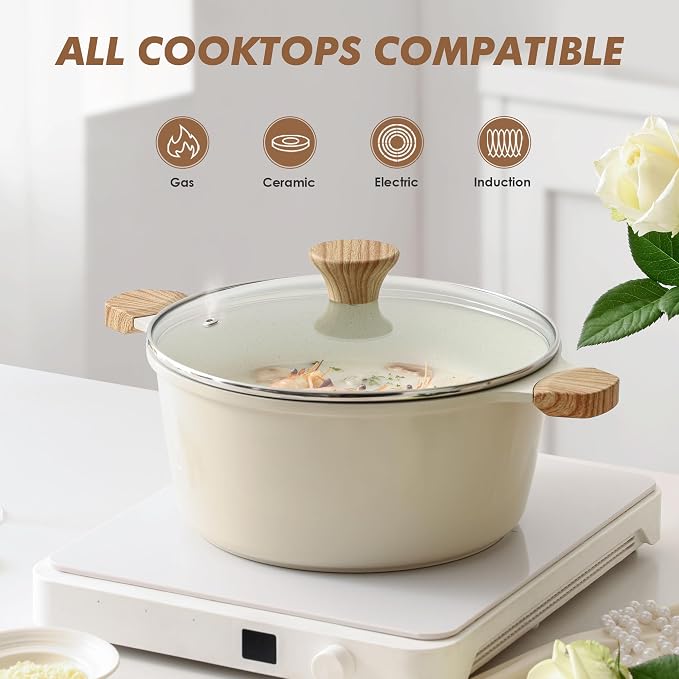 SENSARTE Ceramic Nonstick Stock Pot with Lid, 7 Quart, Creamy White | Healthy Nontoxic Ceramic Coating, PFAS & PTFE Free, Compatible with All Stoves Including Induction Cooktops, Dishwasher safe.