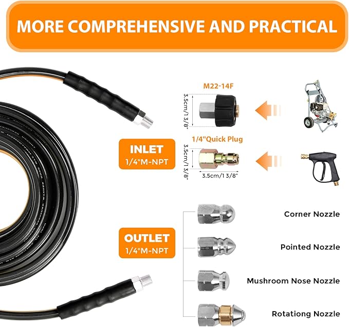 50FT Sewer Jetter Kit for Pressure Washer, 5800PSI Drain Cleaner Hose 1/4 Inch NPT Corner Rotating and Button Nose Sewer Jetting Nozzle Spanner Watertight Tape Pearl Corsage Pin Handle Strap