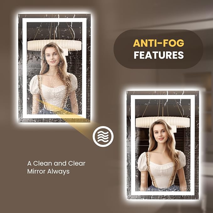 LOAAO 23.6"x35.4" LED Bathroom Mirror with Lights, Anti-Fog, Dimmable, Backlit + Front Lit, Lighted Bathroom Vanity Mirror for Wall, Memory Function, Tempered Glass, Safe to Use, ETL Listed