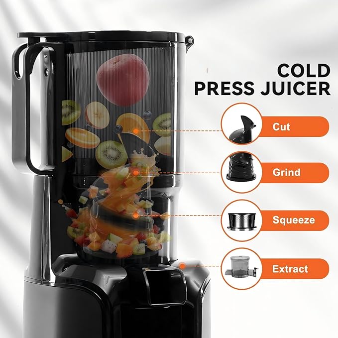 Slow Masticating Juicer Machines, Cold Press Juicer with Safety Lock & Reverse Function, 4.25" Feed Chute for Whole Fruits & Vegetables, High Juice Yield, Black
