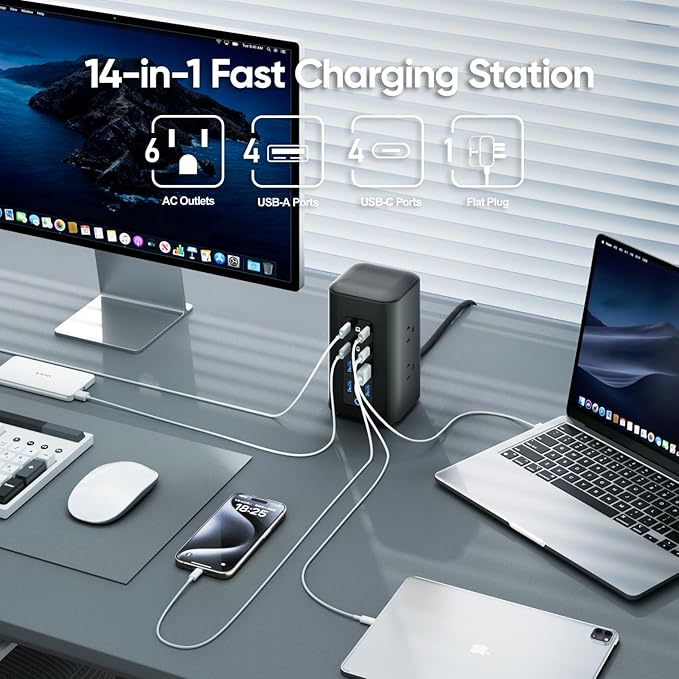 TenTrend Power Strip Tower, 230W Total Fast Charging Station for Multiple Devices, 10FT Extension Cord Tower with 6 Outlets 8 USB(4 USB C), 2000J Surge Protector for Home Office, Dorm Essentials