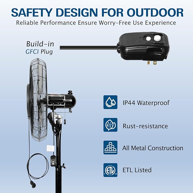 BILT HARD 24" Outdoor Pedestal Oscillating Misting Fan, 3-Speed High-Velocity Patio Misting Fans for Outside, Waterproof Tilting Fan with Mists for Outdoor Cooling, UL Listed