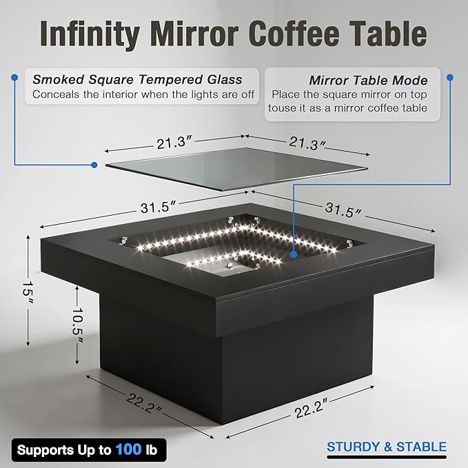 FKWin Black Coffee Table - Endless Depth Morden Square Coffee Table with LED Lights, Mirror Coffee Tables for Living Room, Tempered Glass-Top Center Tables, 31"