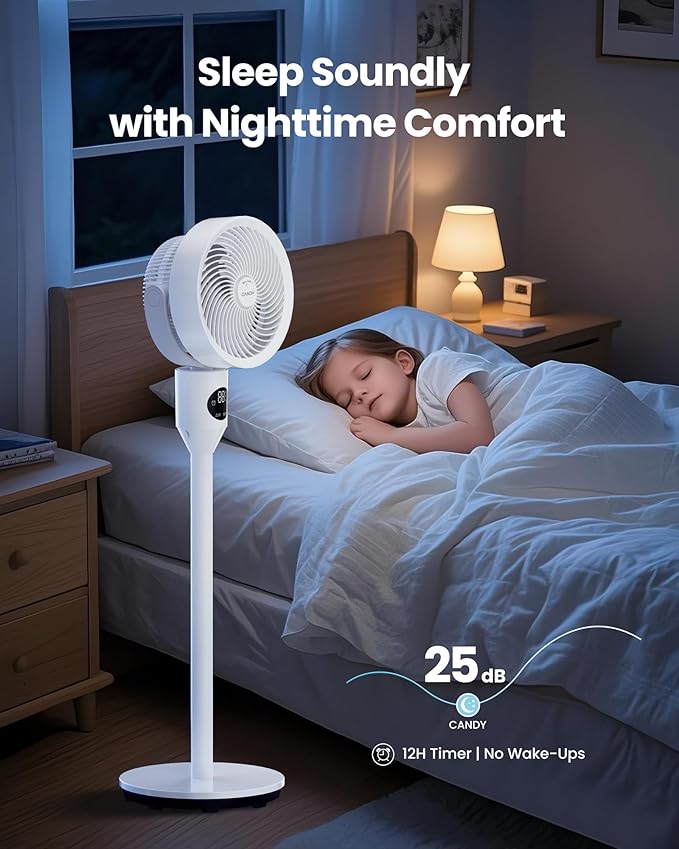 Candy Standing Fan for Bedroom, 3 Heights Adjustable Pedestal Fan with Remote, 90° Oscillating Floor Fan, 8 Speeds & 3 Modes, 25dB Quiet Room Fan, 12H Timer, for Dorm, Home, Office