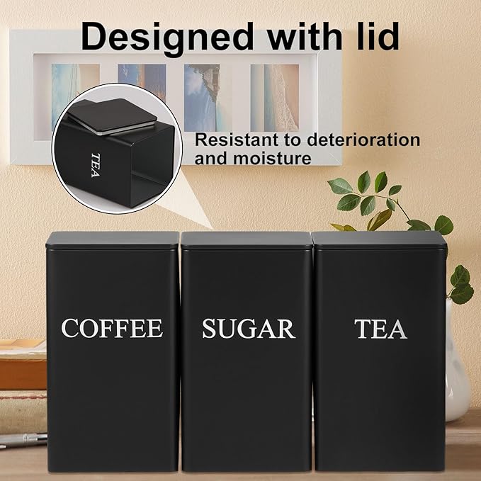 3Pcs Tea Coffee Sugar Canisters Set, Metal Coffee and Sugar Containers, Versatile Kitchen Storage Jars with Airtight Lids, Space Saving Food Canisters Set for Home Kitchen (Black)