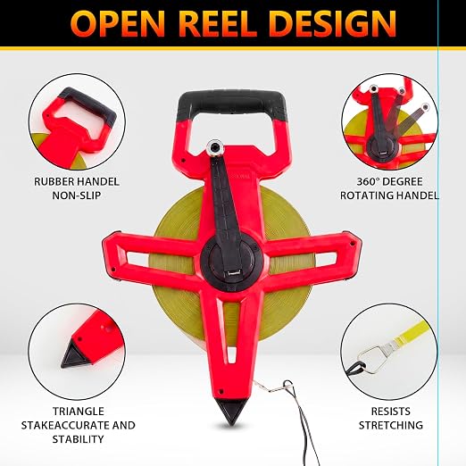 328ft/100m Open Reel Long Tape Measure, 1/2" Nylon-Coated Steel Blade, Dual Inch/Metric Scales, ABS Impact-Resistant Case for Construction, Surveying Red