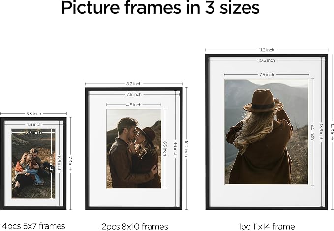 eletecpro Aluminum Gallery Wall Frame Set of 7 with Glass Cover, Black | Including 1Pc 11x14, 2Pcs 8x10, 4Pcs 5x7 Photo Frames, Multiple Sizes Picture Frames Collage Wall Decor or Tabletop Display