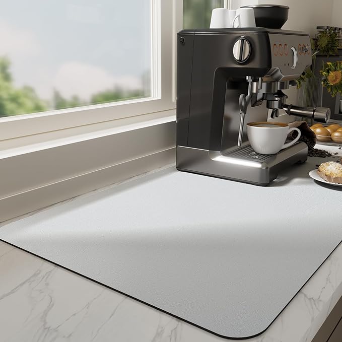 Ecotrim Absorbent Coffee Mat , Stain Hiding PU Leather Surface, Non-Slip Natural Rubber Backing, Quick Dry Mat for Espresso Machine, Kitchen Counter ,Light Grey | 17" x 31.5"