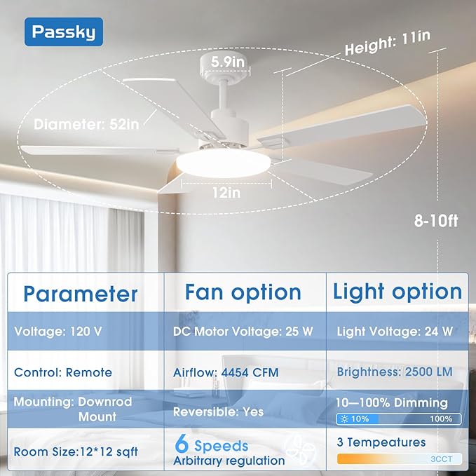 Passky Ceiling Fans with Lights, 52 inch Sleek Ceiling Fan with Light and Remote Control, 3CCT, Dimmable, Reversible, Noiseless, White Ceiling Fan for Bedroom, Living Room