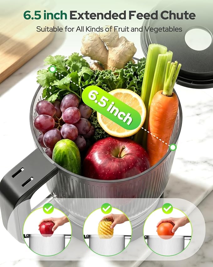 2026 Upgraded Cold Press Juicer Machine, 6.5" Extra Wide Chute Masticating Juicer with 100oz Self-Feeding Hopper,3-in-1 Smart Touch Slow Juicer for Sorbet & Nut Milk, High Yield, Easy Clean