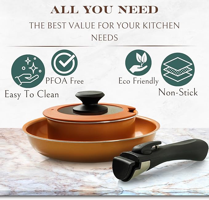 Moss & Stone Copper Pots And Pans Set Nonstick, Removable Handle Cookware, Stackable Pots And Pans Set, Dishwasher safe, Induction Pots And Pans, Camping Cookware Set, Aluminum (7 Pcs)