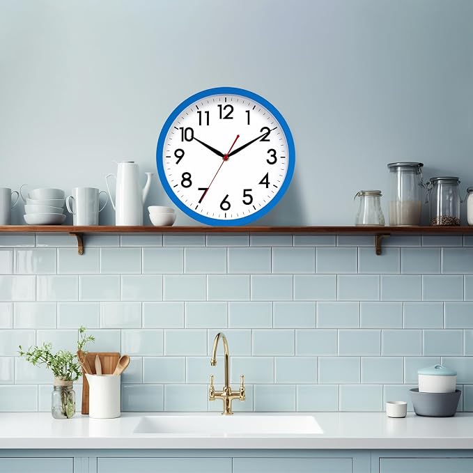 AKCISOT 10 Inch Wall Clock, Battery Operated Analog Clock, Silent Non-Ticking, Ideal for Bedroom, Bathroom, Kitchen, Office and School, Blue
