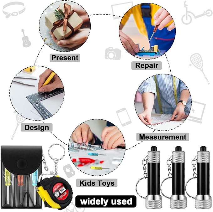 Jutom 24 Pcs Mini Tape Measure Keychain Screwdriver LED Light Keychain Bulk Men Adult Tool Party Gifts Prize for Man Father's Day Housewarming Gifts Adult Useful Tool Favors (Black)