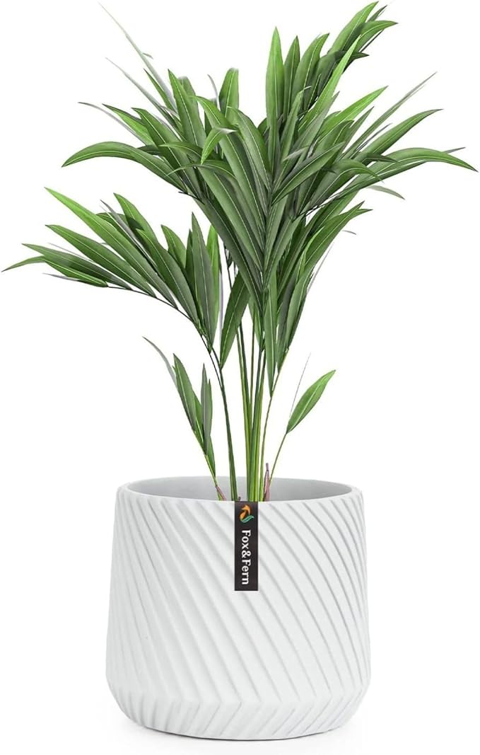 Fox & Fern Large Indoor Planter, Modern Large Plant Pot for Indoor or Outdoor, UV and Frost Resistant - 8 Inch, Matte White Flower Pot with Drainage Plug, 3D Printed Design
