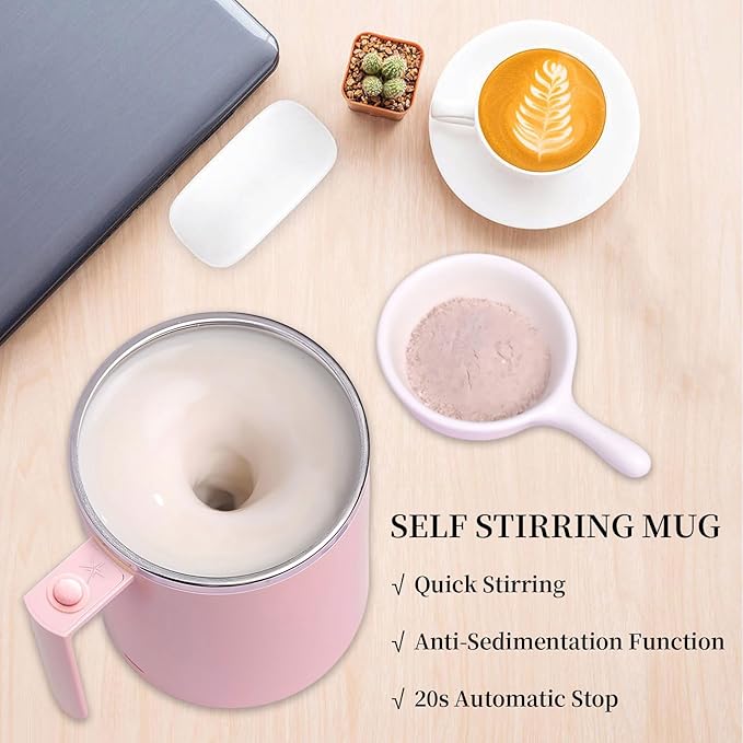 Self Stirring Mug, 12.2 oz Self Stirring Coffee Mug with Magnetic Stirrer & Anti-Sedimentation, Rechargeable Auto Magnetic Coffee Mug for Coffee, Milk, Hot Cocoa (Pink)