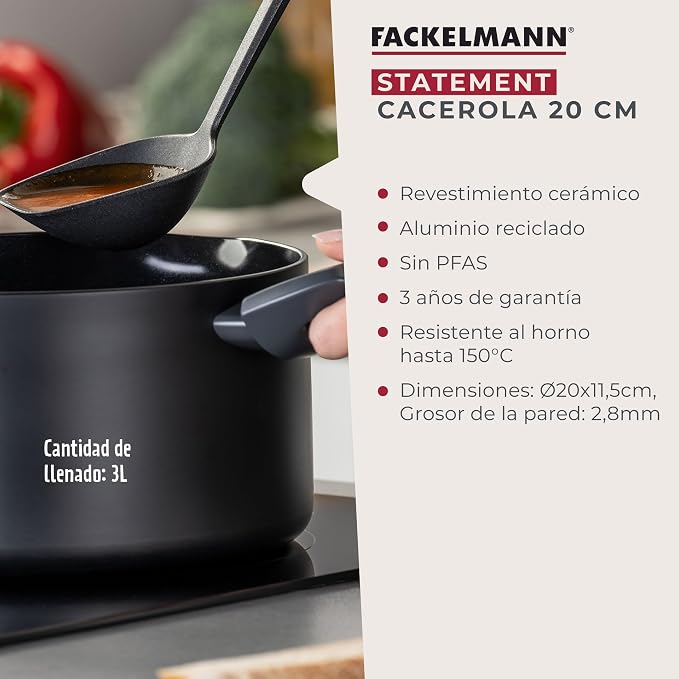Fackelmann Statement Cooking Pot 20 cm - Pot with Ceramic Coating - Recycled Aluminium with Non-Stick Coating - PFAS-Free, Heat Resistant Handle, Suitable for All Hobs Including Induction