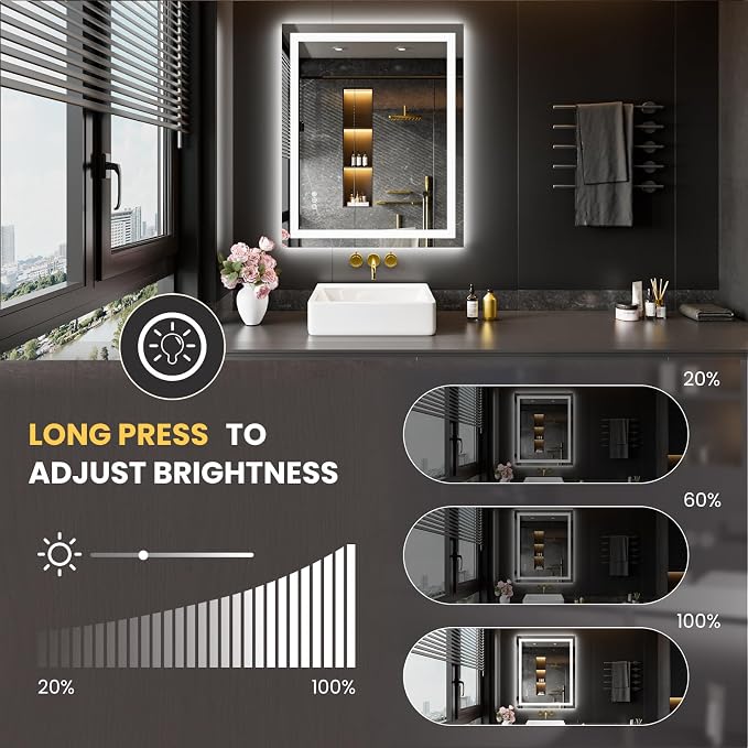LOAAO 20"X28" LED Bathroom Mirror with Lights, Anti-Fog, Dimmable, Backlit + Front Lit, Lighted Bathroom Vanity Mirror for Wall, Memory Function, Tempered Glass, ETL Listed