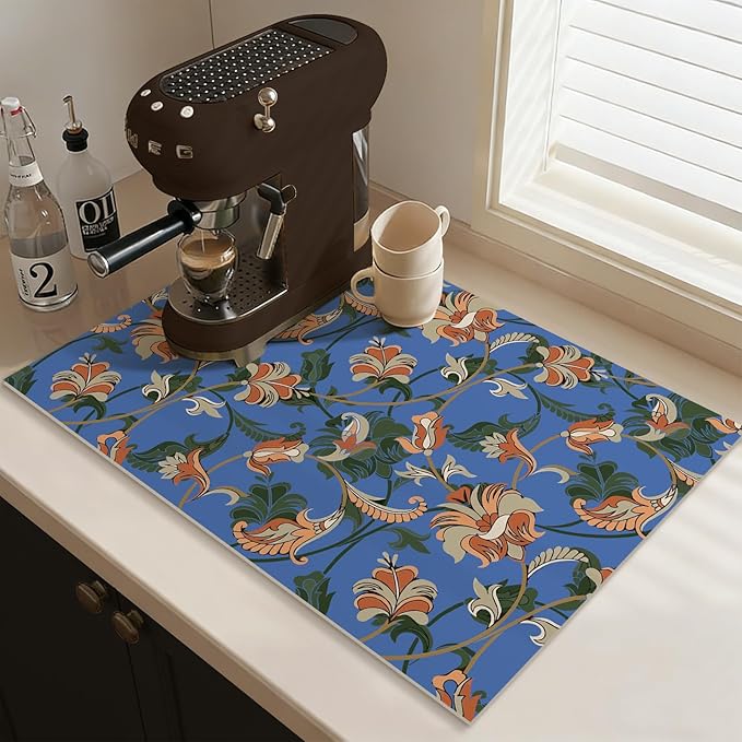 Vintage Floral Absorbent Coffee Bar Tea Mat Heat Resistant Drainer Mat with Non-slip Backed for Kitchen Counter Tableware Decor (Luxuriant Flowers,Navy)