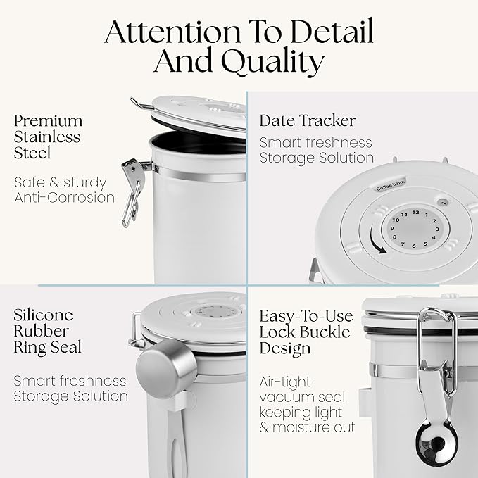 Mixpresso White 16 Oz Stainless Steel Coffee Canister with Scoop – Airtight Coffee Container with CO2 Valve for Bean Storage, Date Tracker Lid