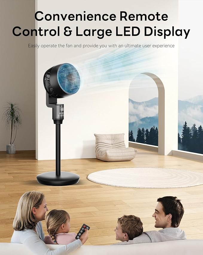 Abolee Pedestal Fan for Bedroom, 100ft Air Circulator Quiet Standing Fan, DC Motor, 4 Speeds & 4Modes, 24H Timer, 70°+90°Oscillation,Remote Control,Floor Fan for Bedroom Living Room Kitchen, Black